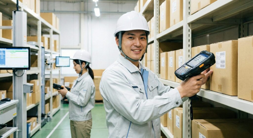 バーコードをスキャナで読み取り在庫管理をしている様子