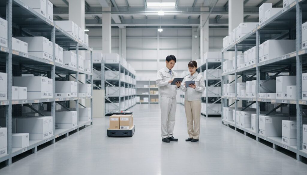 大量の在庫がある中でタブレットを触っている男女